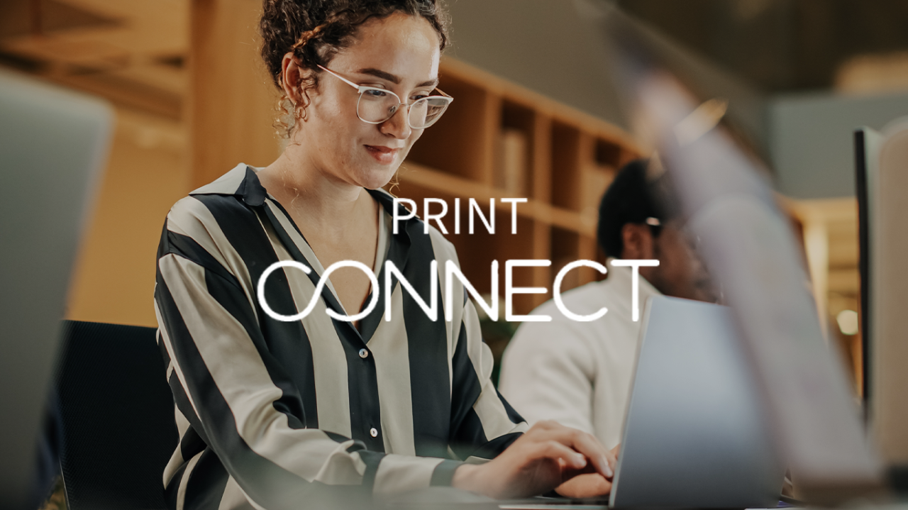 Print Connect logo on image of woman on laptop